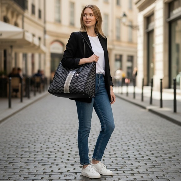 Michael Kors Handbags - Michael Kors Large Tote Bag Black Silver MK Logo Jacquard Metallic Stripe